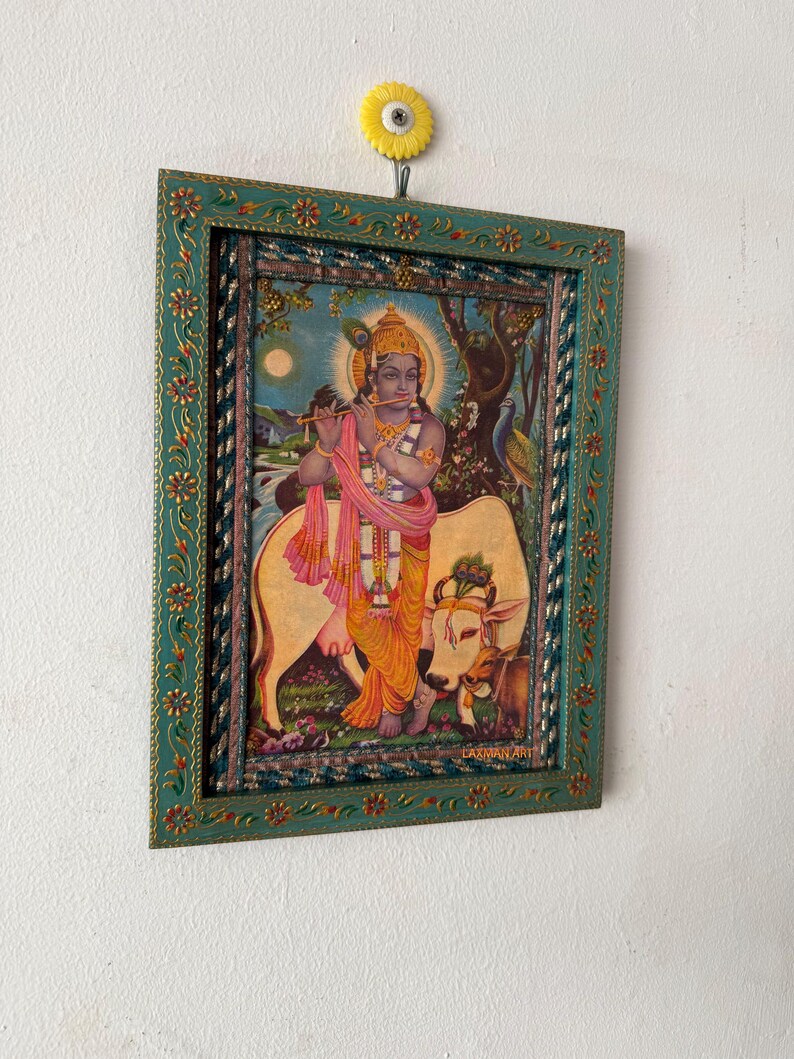 Lord Krishna Vintage Photo Frame: Hand-painted Indian Deity Wall Decor ...