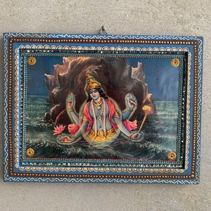 Lord Vishnu Photo, Kurma Avatar Vishnu God, Hindu Religious God Vintage India Picture with Wooden Painted Frame-11.5x8.5 image 1