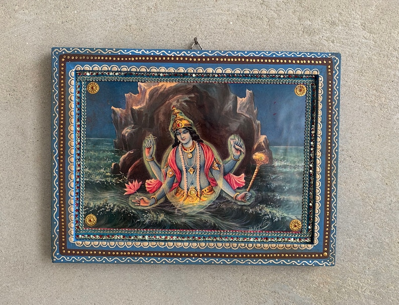 Lord Vishnu Photo, Kurma Avatar Vishnu God, Hindu Religious God Vintage India Picture with Wooden Painted Frame-11.5x8.5 image 1