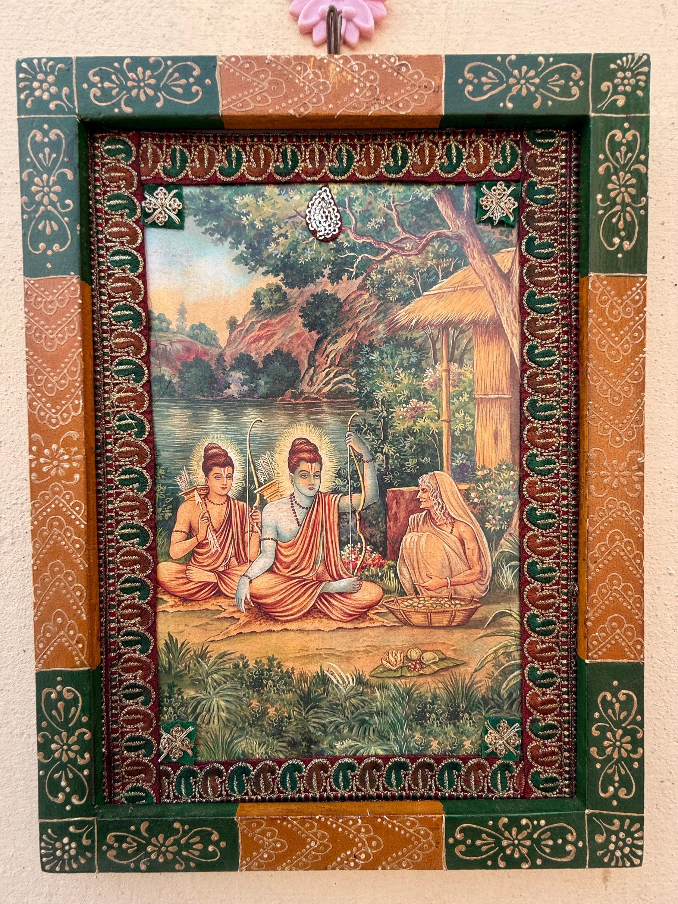 Ramayana Photo Frame: Rama, Laxman & Shabari, Hand-painted Indian