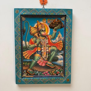 Vintage Photo Hanuman, Bajrangbali Photo, Indian Deities, God Picture, Wall Art Wall Hanging Wooden Wall Decor Painted Frame - 12 x 16 Inch