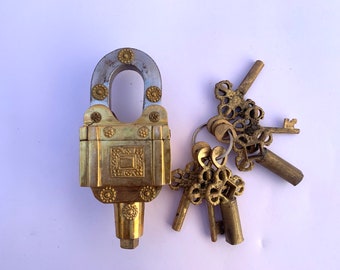 Brass Puzzle lock, Vintage Brass Lock with 6 key, Handmade Design, Home Garden Functional Square Security Lock Heavy Duty - 6 Keys (3X2 Set)