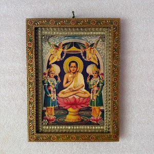 Gautam Swami Photo, Jain God Picture Frame, Religious God Photo Frame, Vintage Indian God Deities Photo, Wooden Wall Hanging Frame - 9 x 12&quot;