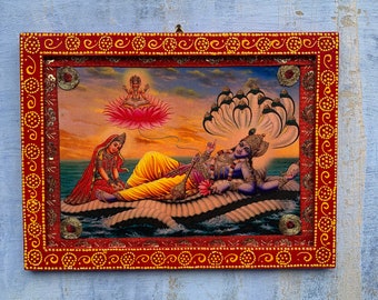 Lord Vishnu Picture Frame, Indian God Deities Photo, Indian Religious Vintage Photo Frame, Wooden Frame for Pooja Room Decor - 8.5 x 11.5&quot;