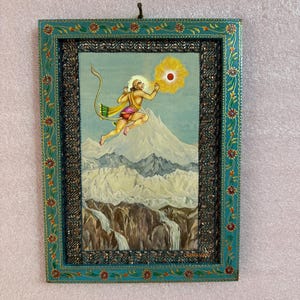Hanuman Picture Frame, Bajrangbali Photo, Vintage Indian Deities, God Photo, Wall Hanging, Wooden Wall Decor Picture Painted Frame - 9 x 12&quot;
