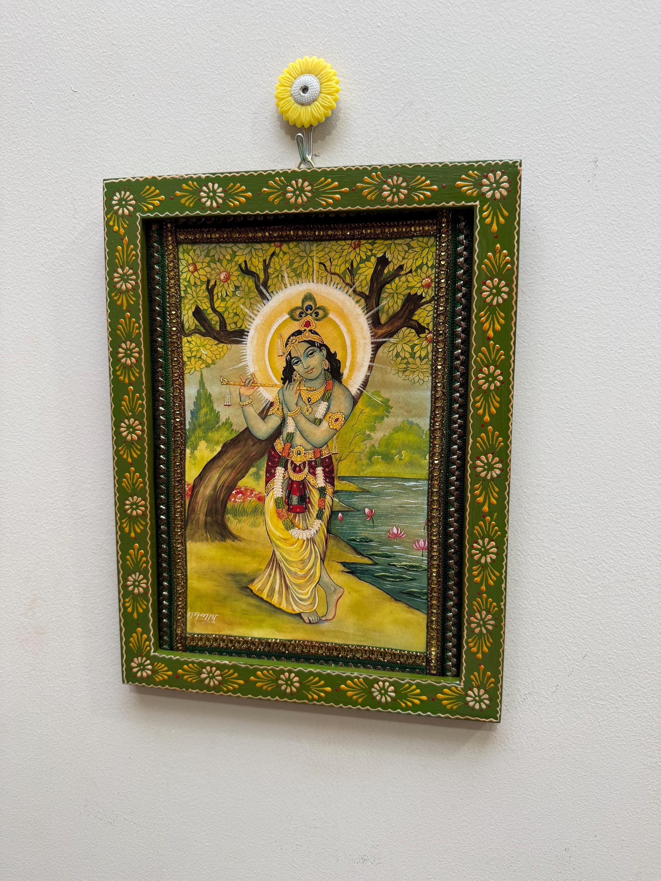 Krishna Vintage Picture Frame Hindu God Photo Wooden Wall Art Decor ...