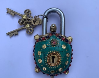 Brass Turtle lock, Tortoise Lock, Turtle Shaped lock and key with Stone work, Vintage Indian padlock, Animal shaped Door padlock with 2 key