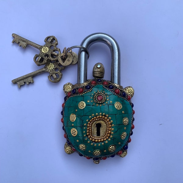 Brass Turtle lock, Tortoise Lock, Turtle Shaped lock and key with Stone work, Vintage Indian padlock, Animal shaped Door padlock with 2 key