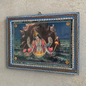 Lord Vishnu Photo, Kurma Avatar Vishnu God, Hindu Religious God Vintage India Picture with Wooden Painted Frame-11.5x8.5 image 3