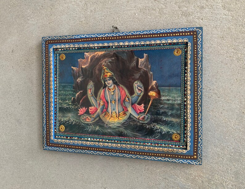 Lord Vishnu Photo, Kurma Avatar Vishnu God, Hindu Religious God Vintage India Picture with Wooden Painted Frame-11.5x8.5 image 3