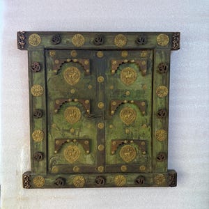 Vintage Brass Work Wooden Window - Indian Jharokha Wall Decor