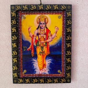 God Dhanvantari Picture Frame, Indian God Religious Vintage Photo, A God of Ayurveda, Wooden Wall Hanging Wall Decor Painted Frame - 9 x 12&quot;