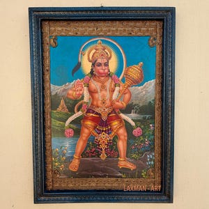 Indian God Hanuman Frame, Bajrangbali Art Handmade Photo, Indian Deities, God Wall Art Decor Wall Hanging Wooden Painted Frame- 16 x 22 Inch