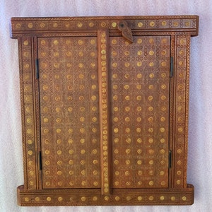 Vintage Hand Carved Wooden Window with Brass Inlay: Wall Decor
