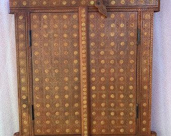 Vintage Hand Carved Wooden Window with Brass Inlay: Wall Decor