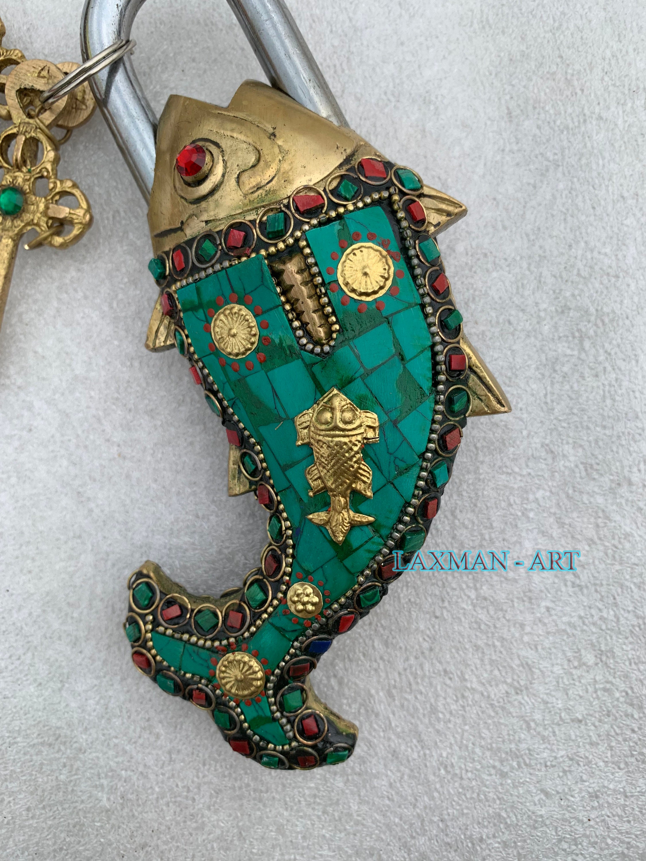 Brass Fish Lock: Handmade Antique Design With Stone Work & 2 Keys - Etsy