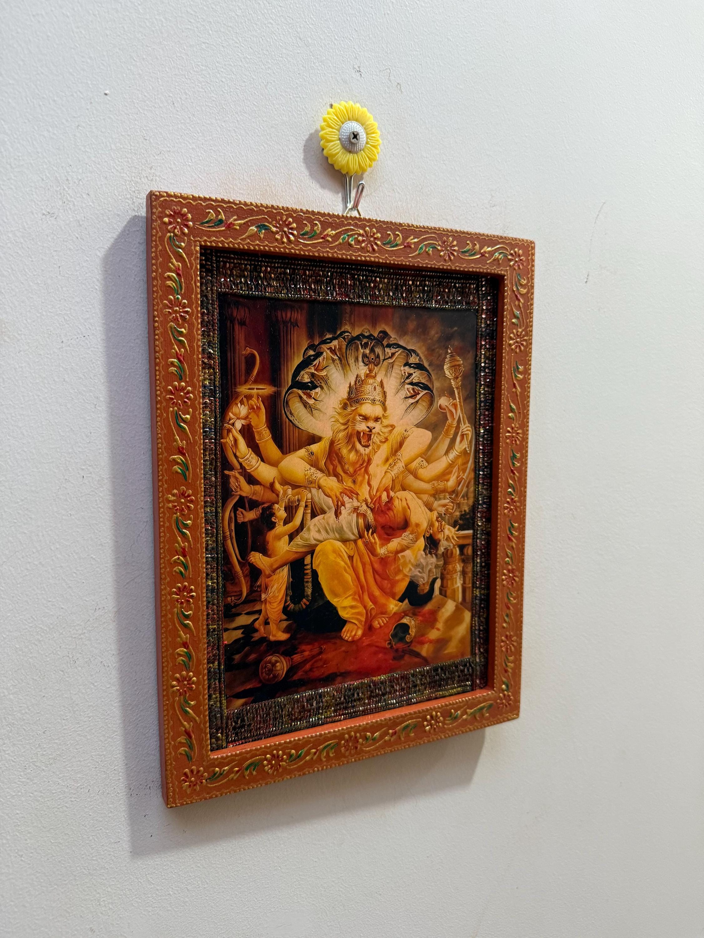 Vintage Narasimha Swamy Photo Frame: Hindu God Painted Wooden Frame ...