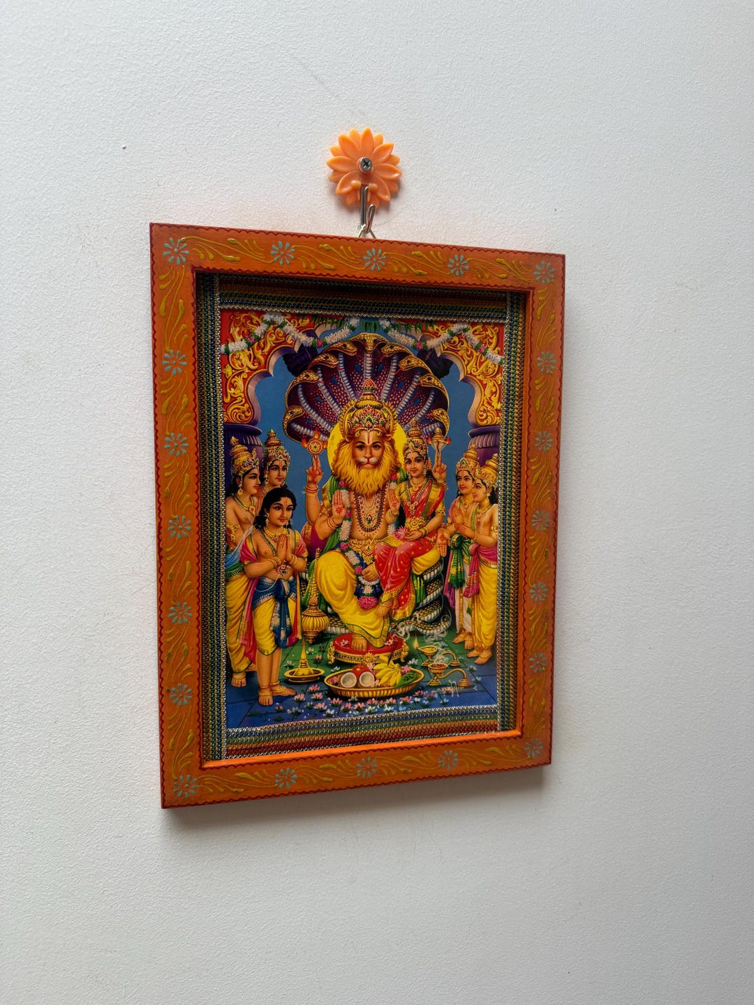 Vintage Narasimha Swamy Picture: Hindu God Photo in Painted Wooden ...