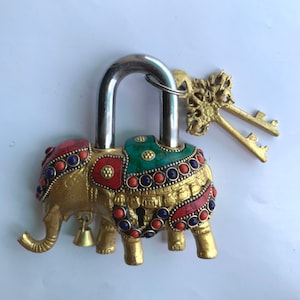Brass Lock, Elephant Shaped lock and key with Stone work, Vintage Indian padlock, Animal shaped padlock and key, Brass lock and key