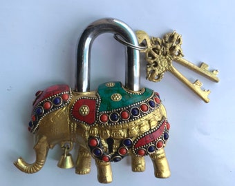 Brass Lock, Elephant Shaped lock and key with Stone work, Vintage Indian padlock, Animal shaped padlock and key, Brass lock and key