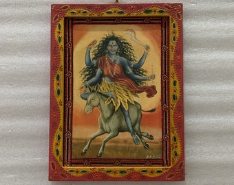 Kaalratri Durga Mata Photo Frame, Avatar of Durga, Indian Goddess Deity Painted  Photo Frame, Wooden Hindu Religious God Photo-8.5 x11.5 "