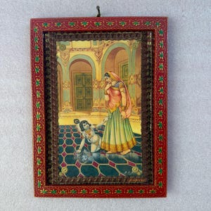 Hand Painted Krishna & Yashoda Photo Frame: Vintage Hindu Art Decor