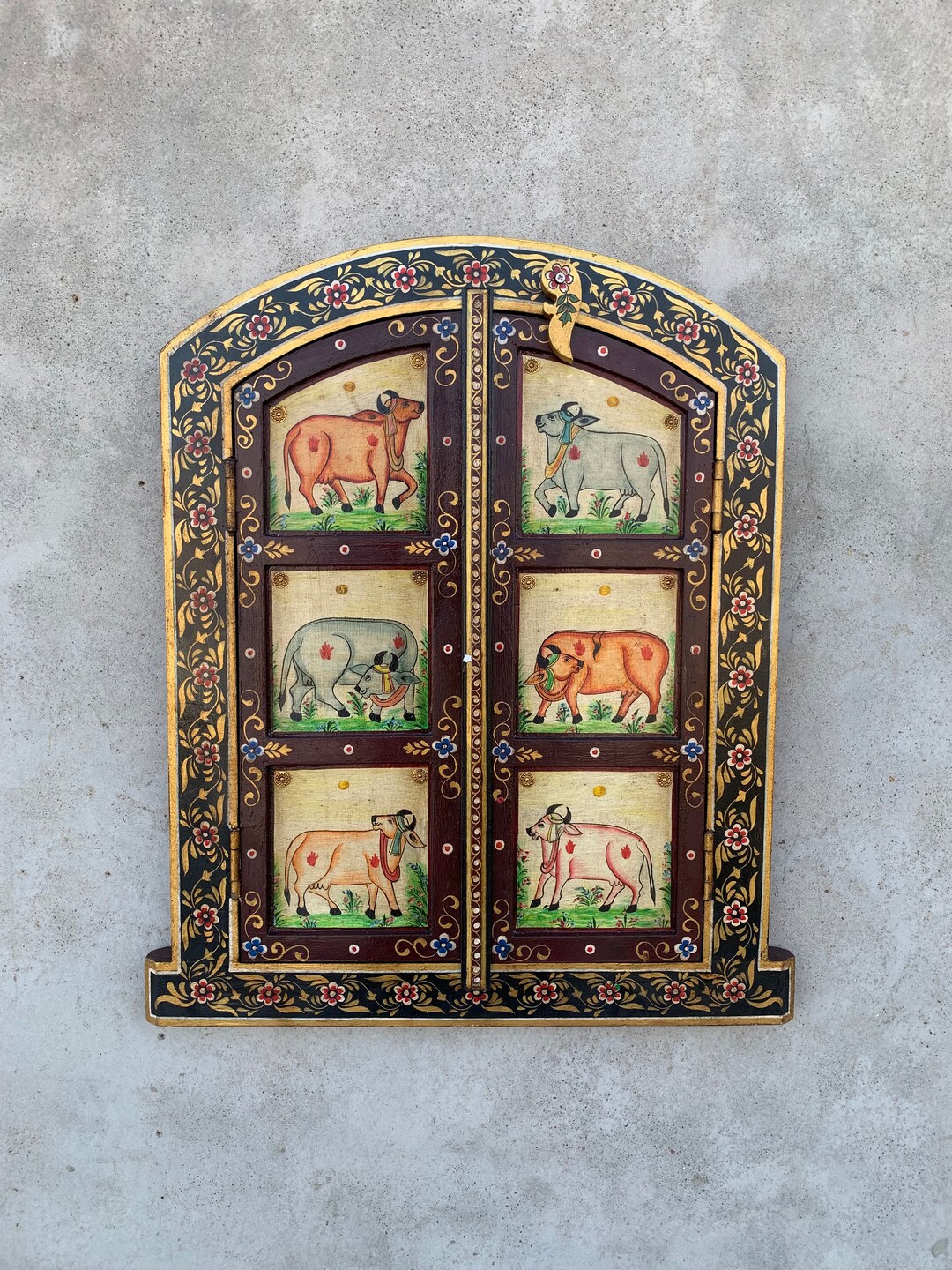 Wooden Window Vintage, Handpainted Cow Design Window Wall Panel, Indian ...