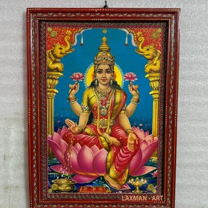 Lakshmi God old Frame, Lakshmi poster Frame hindu religious god wall art work picture frame, Wooden Hand Painted Art Frame - 16 x 22 Inch