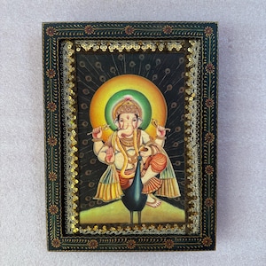 Picture Frame Ganesha, Indian Hindu God Photo, Indian Deity Religious Photo, Wall Hanging, Wall art Decor, Wooden Painted Frame - 9 x 12 &quot;