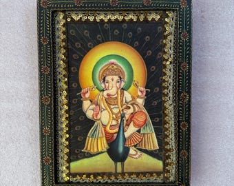 Marco de fotos de Ganesha: foto vintage del dios hindú, madera pintada a mano (23 x 30 cm)