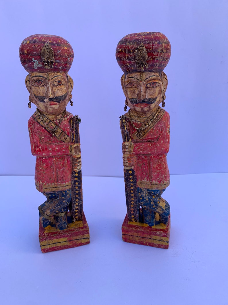 9 Inch Laxman Art Vintage Old Handicraft Wooden Hand Painted Welcome ManGate ManChowkidarRoyal GuardFigurine Statue Showpiece in Pair