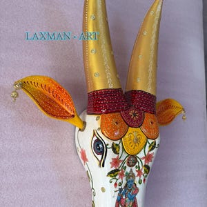 Hand Painted Wooden Cow Wall Sculpture: Indian Nandi Head Wall Art Decor Animal Head (24 inch)