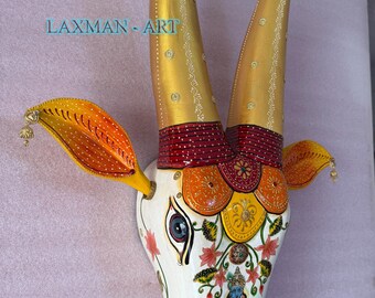 Hand Painted Wooden Cow Wall Sculpture: Indian Nandi Head Art (24 inch)