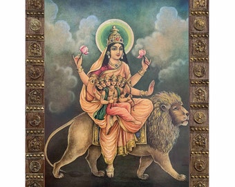 Skandamata Durga Mata Photo, A Avatar of Durga, Indian Goddess Deity Vintage Photo Frame, Wooden Hindu Religious God Deity Photo-8x11"