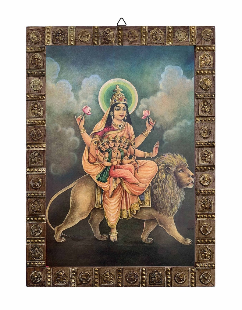 Skandamata Durga Mata Photo, A Avatar of Durga, Indian Goddess Deity Vintage Photo Frame, Wooden Hindu Religious buying God Deity Photo-8x11