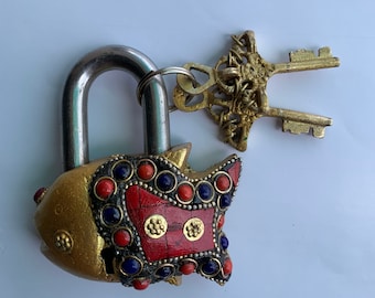 Lock Fish Shaped Brass lock and key with Stone Handmade work, Vintage Indian padlock,Animal shaped padlock,Door Safety lock with 2 key
