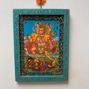 Hanuman God frame, Ram Laxman Hanuman Picture Frame, Ram Bhakt, Bajrangbali Photo, Vintage Indian Deities painted handmade frame - 9 x 12 &quot;