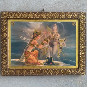 Shiva Parvati Vintage Photo Frame, Indian God Print Frame, Deity Religious Photo Frame for Wall Decor, Housewarming Gift - 11.5x8.5"