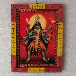 Vintage Kali Print in Hand-Painted Frame: Hindu Goddess Pooja Decor (9x12&quot;)