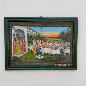 Vintage Radha Krishna Print: Hand-Painted Frame, Hindu Art (16 x 22 Inch)