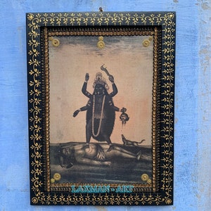 Vintage Maha Kali Picture: Indian Hindu Goddess Photo in Wooden Painted Frame