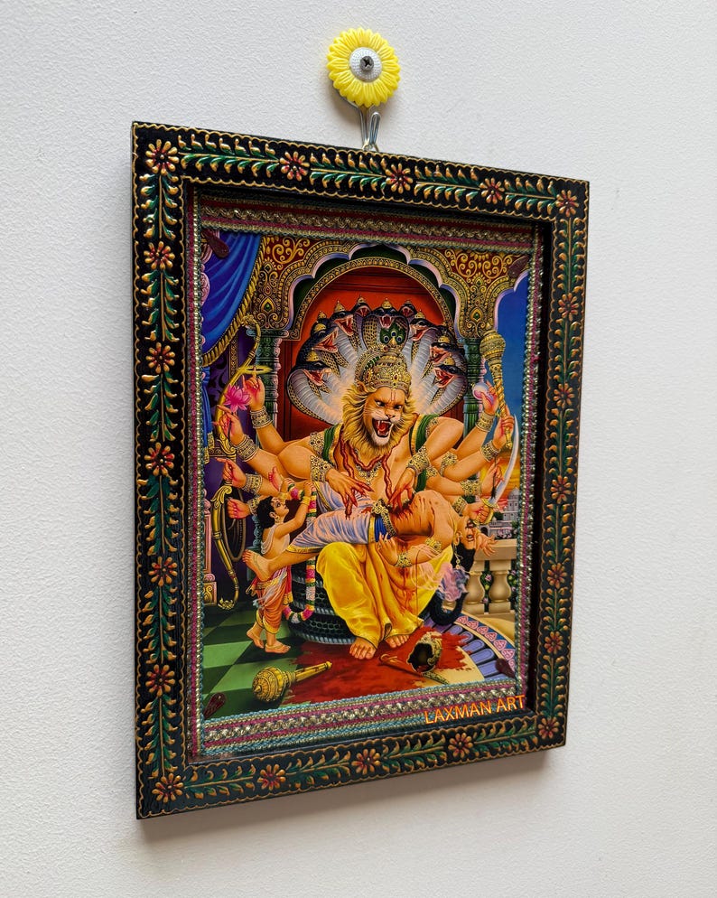 Vintage Narasimha Swamy Picture Frame: Hindu God Painted Wooden Wall ...