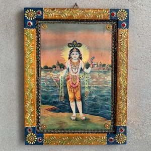 Vintage Krishna Photo with Handmade Painted Frame: Hindu God Art (8.5x11.5&quot;)
