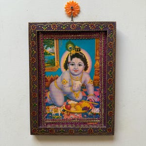 Vintage Bal Krishna Picture Frame: Hand-Painted Wood, Hindu Art (9x12 in)