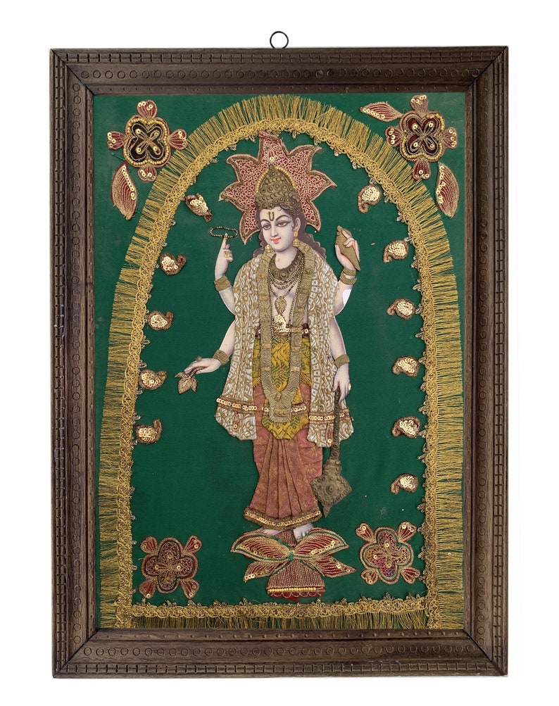 Vishnu Handmade Photo, Lord Vishnu Handmade Cloth Art Work Vinta Vishnu Handmade Photo, Lord Vishnu Handmade Cloth Art Work Vinta