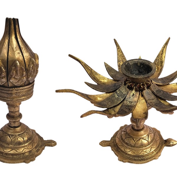 Brass Diya, Lotus Flower Lamp Oil Lamp Diya, Vintage Twist Open Diya Lamp, Old Oil And Wick Lamps, Oil lamp Burner for Home and Pooja Decor