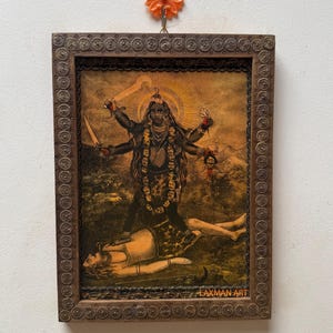 Vintage Kali Mata Photo in Painted Wood Frame: Hindu Goddess Art