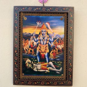 Vintage Kali Shiva Framed Photo: Hindu Religious Art, Indian God Decor (9x12&quot;)