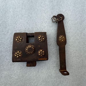 Antique lock, Old Vintage Brass Handmade Work Iron Lock with Huge 1 Strip Key, Unique Collectible Combination Door Security Lock Padlock