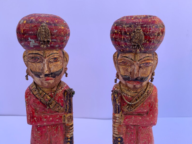 9 Inch Laxman Art Vintage Old Handicraft Wooden Hand Painted Welcome ManGate ManChowkidarRoyal GuardFigurine Statue Showpiece in Pair